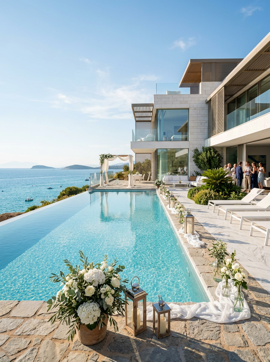 Hochzeitsfeier an der Infinity-Pool-Terrasse einer Luxusvilla mit Meerblick
