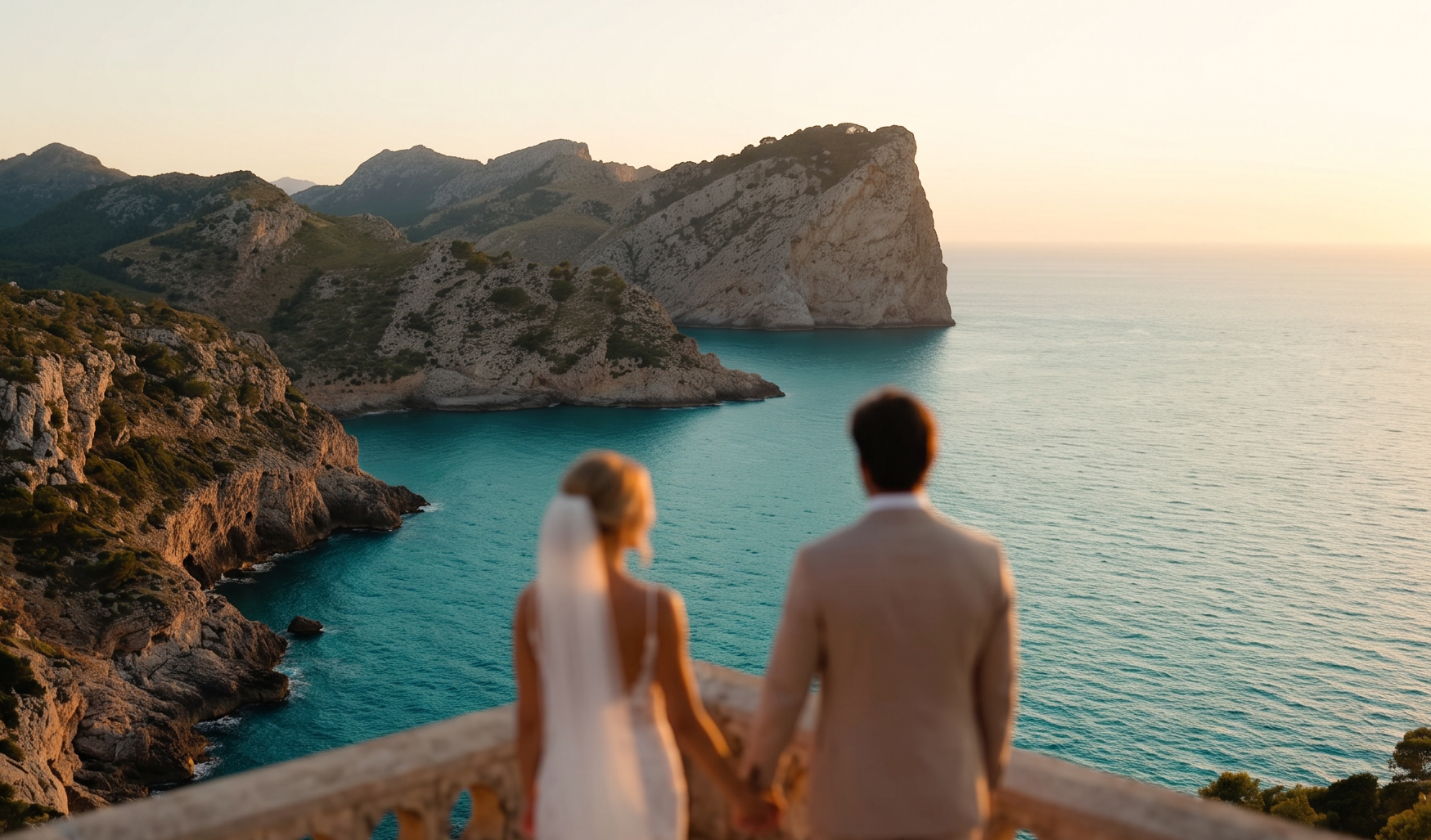 Brautpaar Hand in Hand an einem Aussichtspunkt über der Küste der Tramuntana
