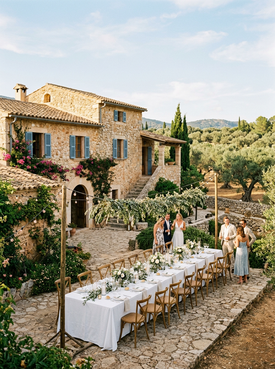 Lange Hochzeitstafel vor einer Steinfinca im Olivenhain auf Mallorca