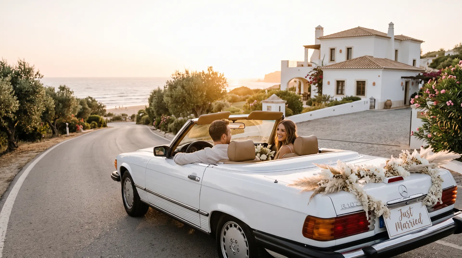 Hochzeitspaar im weißen Oldtimer-Cabrio auf dem Weg zur Villa am Meer