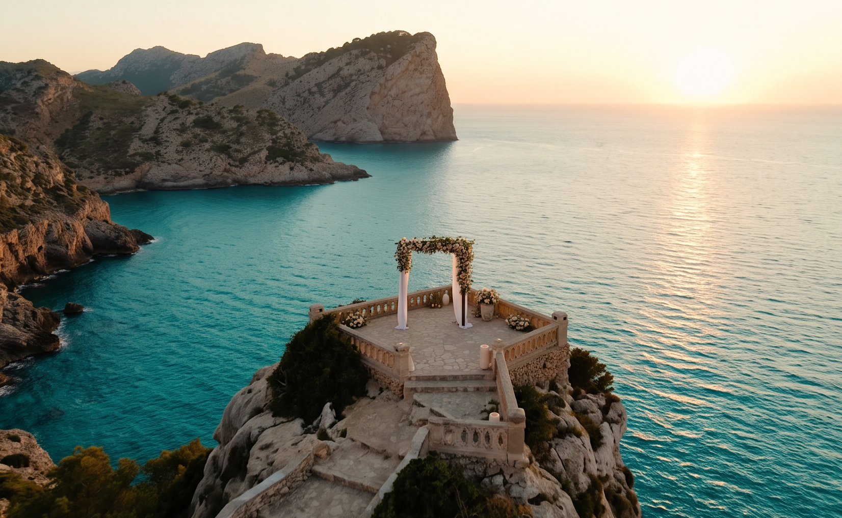 Hochzeitsbogen auf einer Klippenterrasse über dem Meer bei Formentor, Mallorca