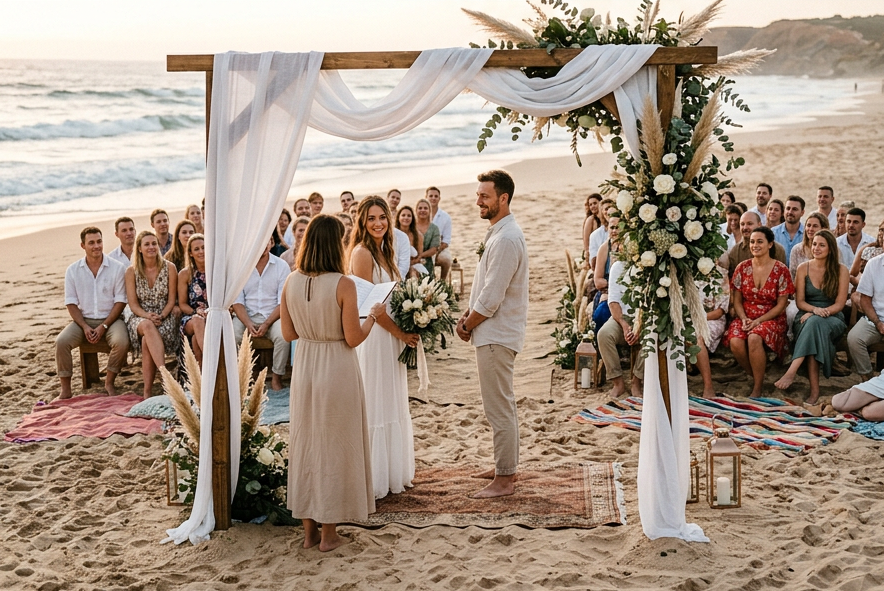 Strandhochzeit mit Traubogen und Gästen im Sand bei Sonnenuntergang
